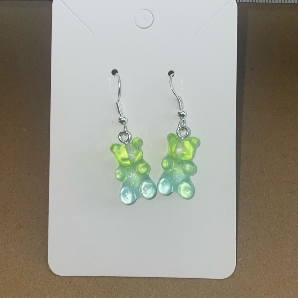 Green and Blue Gummy Bear Homemade earrings with plastic backings